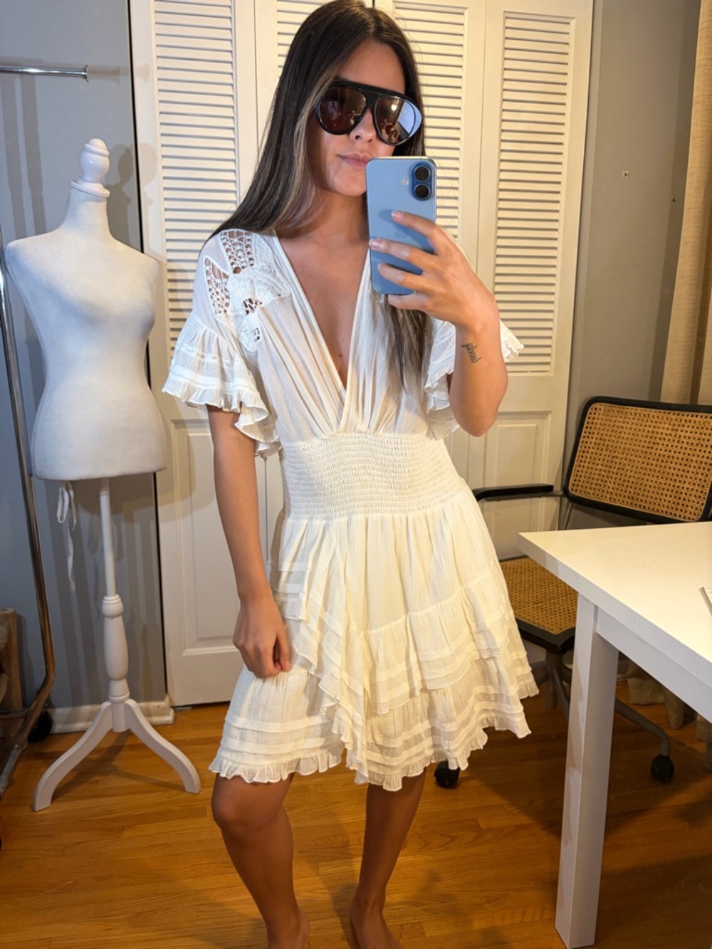 IRO Mapple White Smocked-Waist Tiered Mini Dress